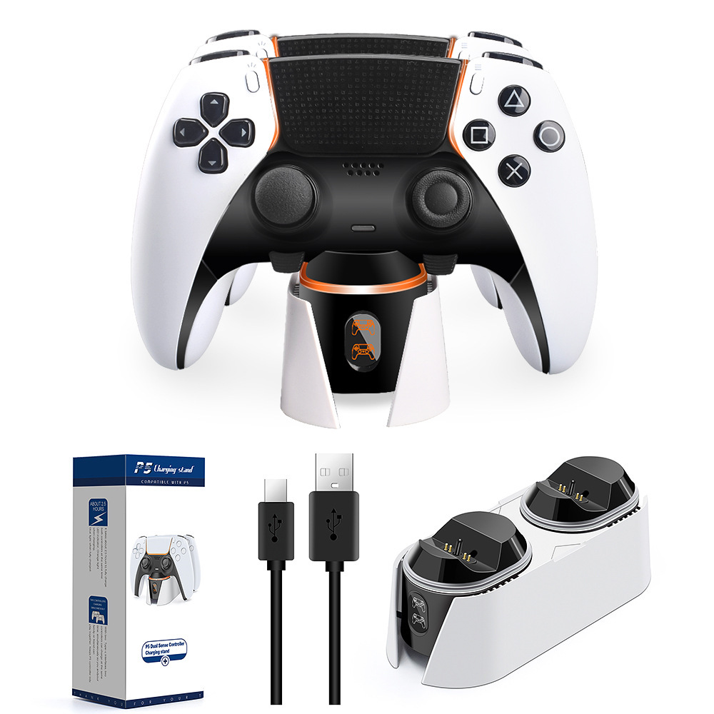 Weißer und schwarzer Gamecontroller auf einer weißen Ladestation, mit Box und Kabeln.