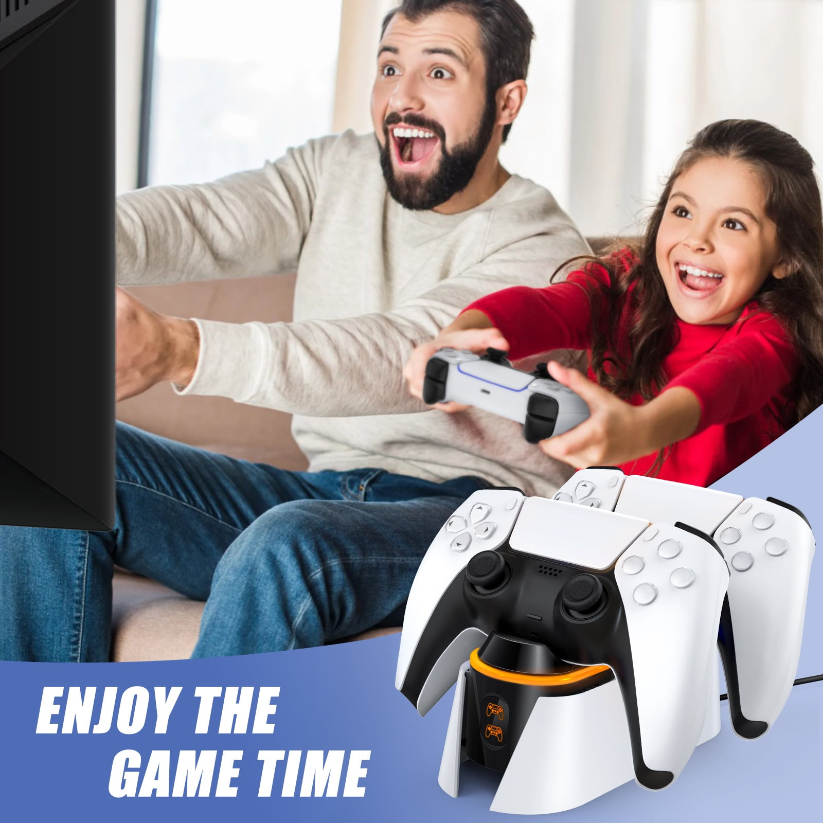 Vater und Tochter spielen Videospiele mit Controllern. Text: Genieße die Spielzeit.