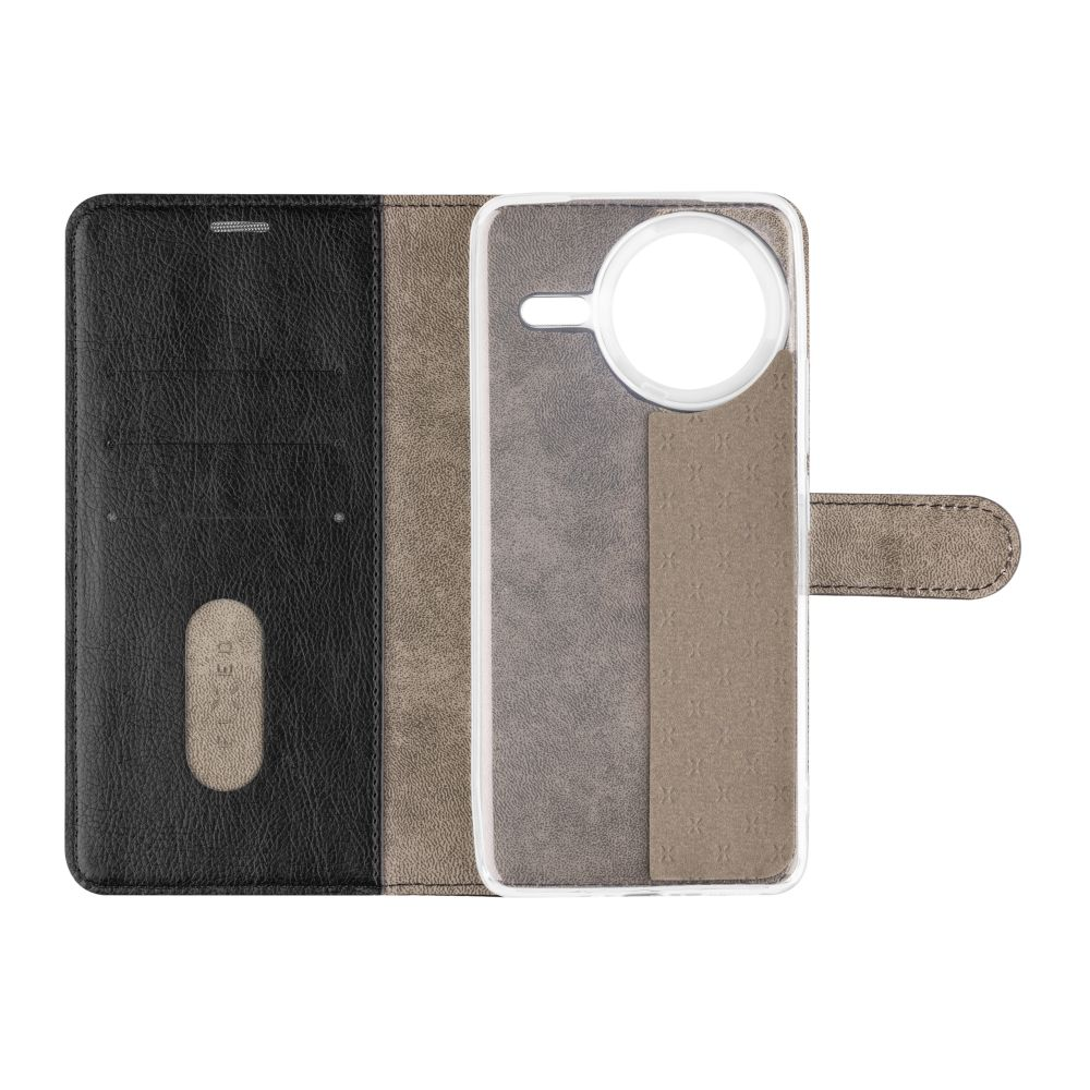 Geöffnete Handyhülle, schwarzes und braunes Leder mit durchsichtigem Telefonhalter.