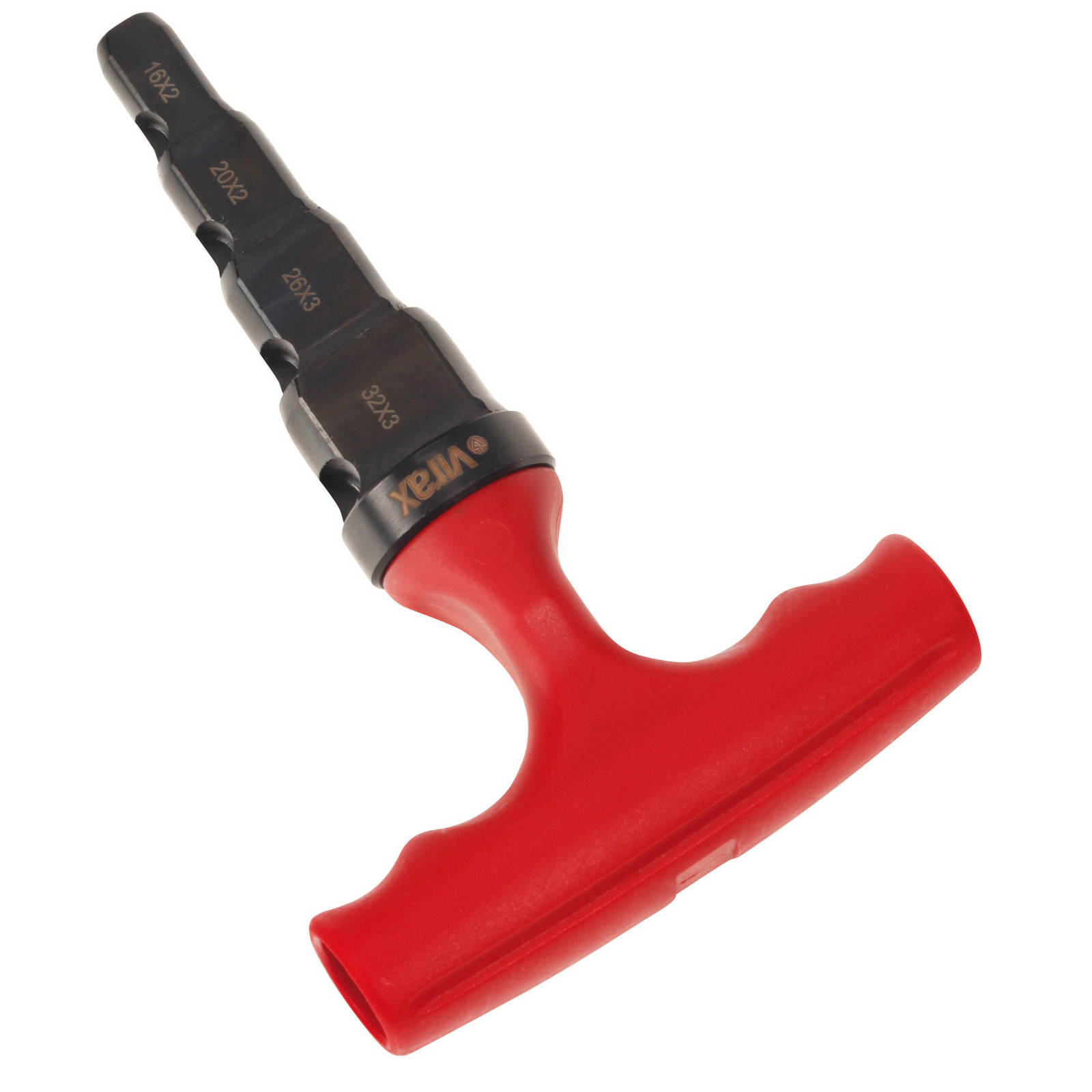 Utensile con manico rosso a forma di T, con parti cilindriche nere con numeri.