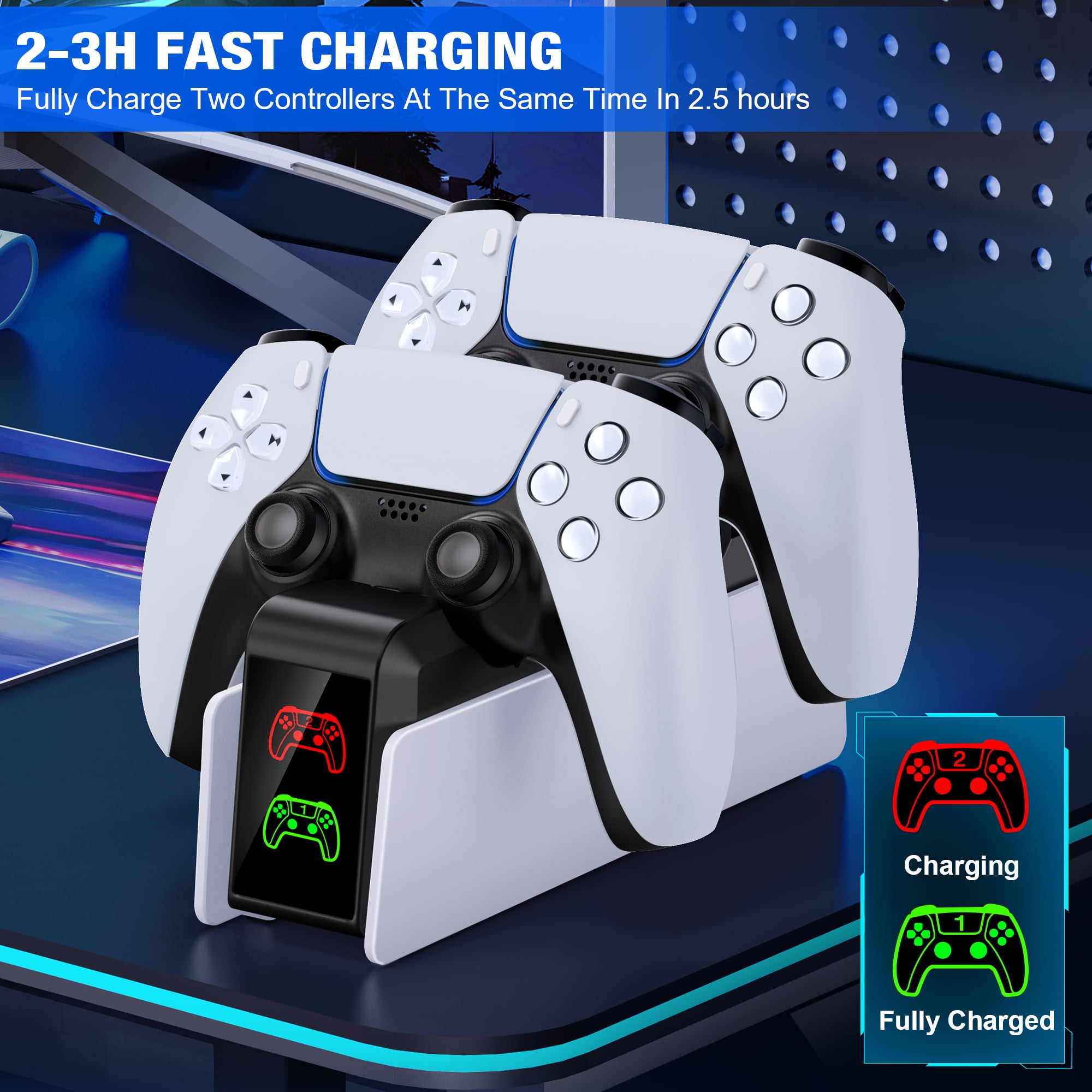 Eine Ladestation mit zwei Gamecontrollern. Ladeanzeigen zeigen den Status an. Dunkelblauer Hintergrund.
