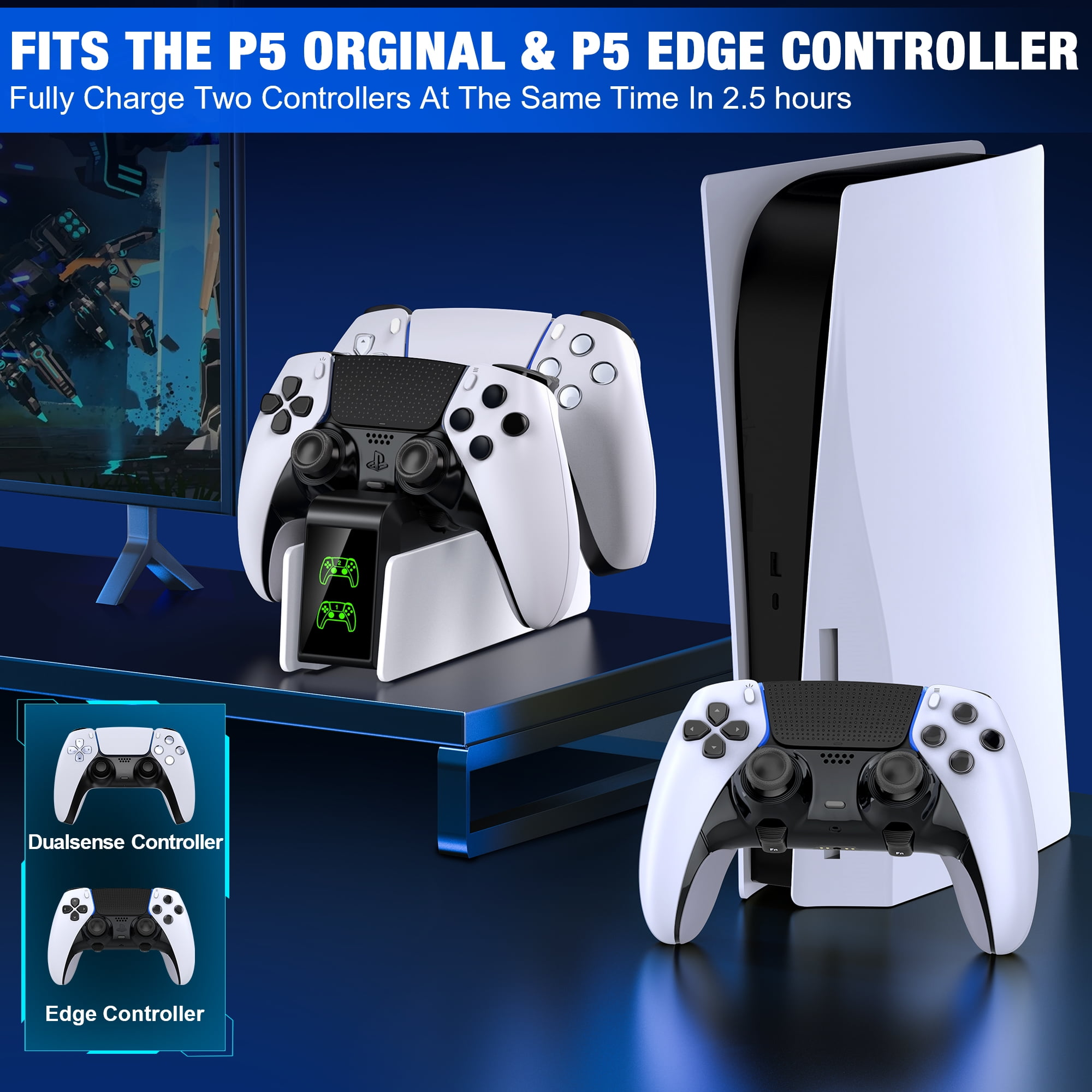 PS5-Controller-Ladestation mit zwei Controllern und Konsole im Hintergrund.