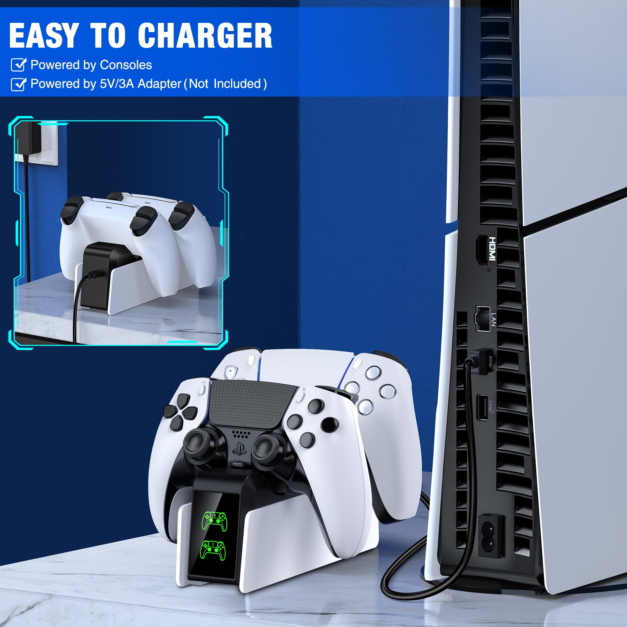 Eine Ladestation mit zwei Controllern und einer PS5-Konsole auf einer Oberfläche.