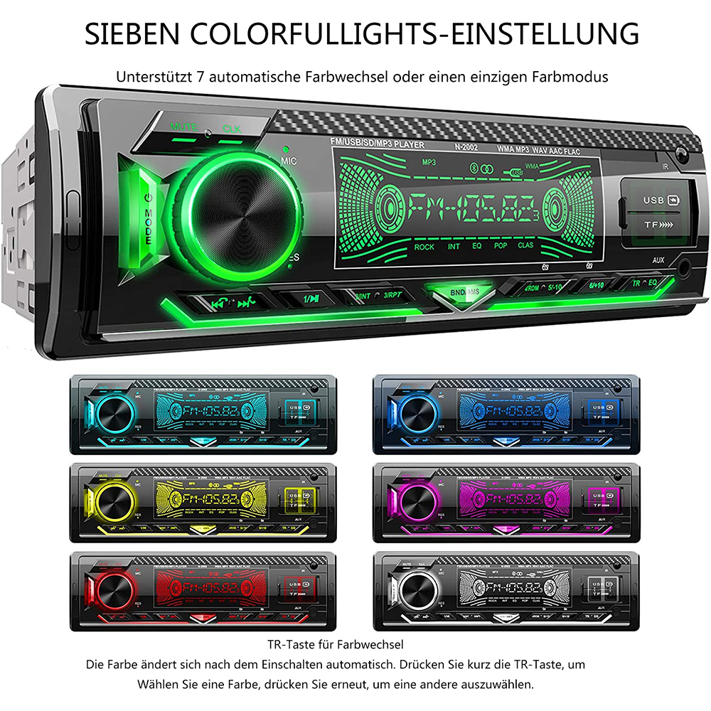 Autoradio mit Farbwechsel-Lichtern. Verschiedene Farboptionen werden angezeigt.