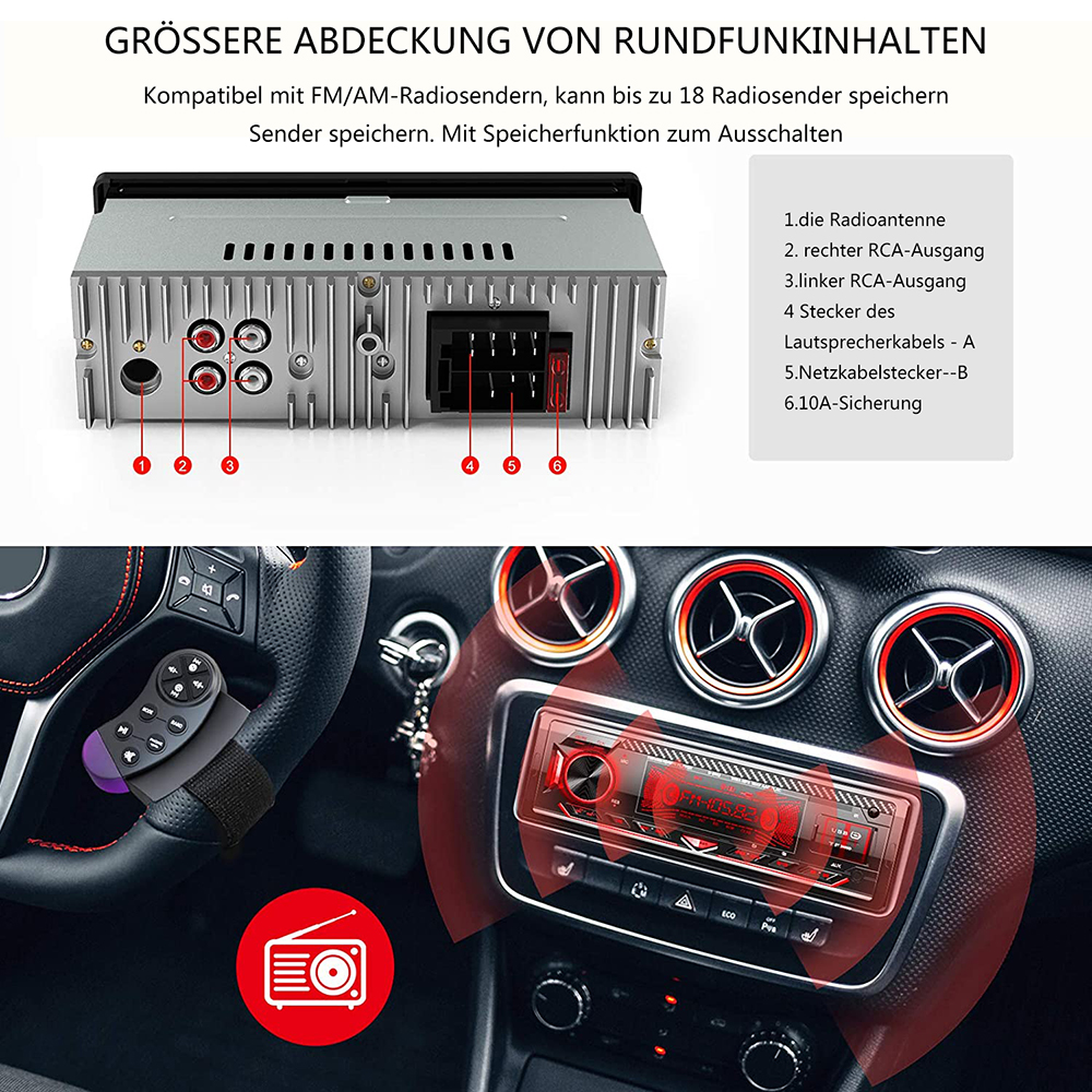 Rückseite eines Autoradios mit Anschlüssen und Fernbedienung im Auto.