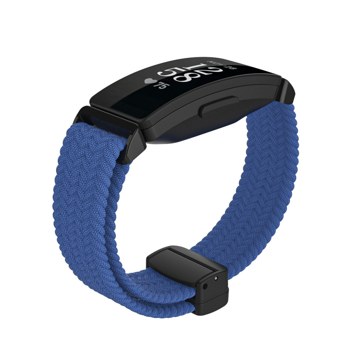 Blaues Fitness-Armband mit gewebtem Band und schwarzem Display mit Zeit und Herzfrequenz.