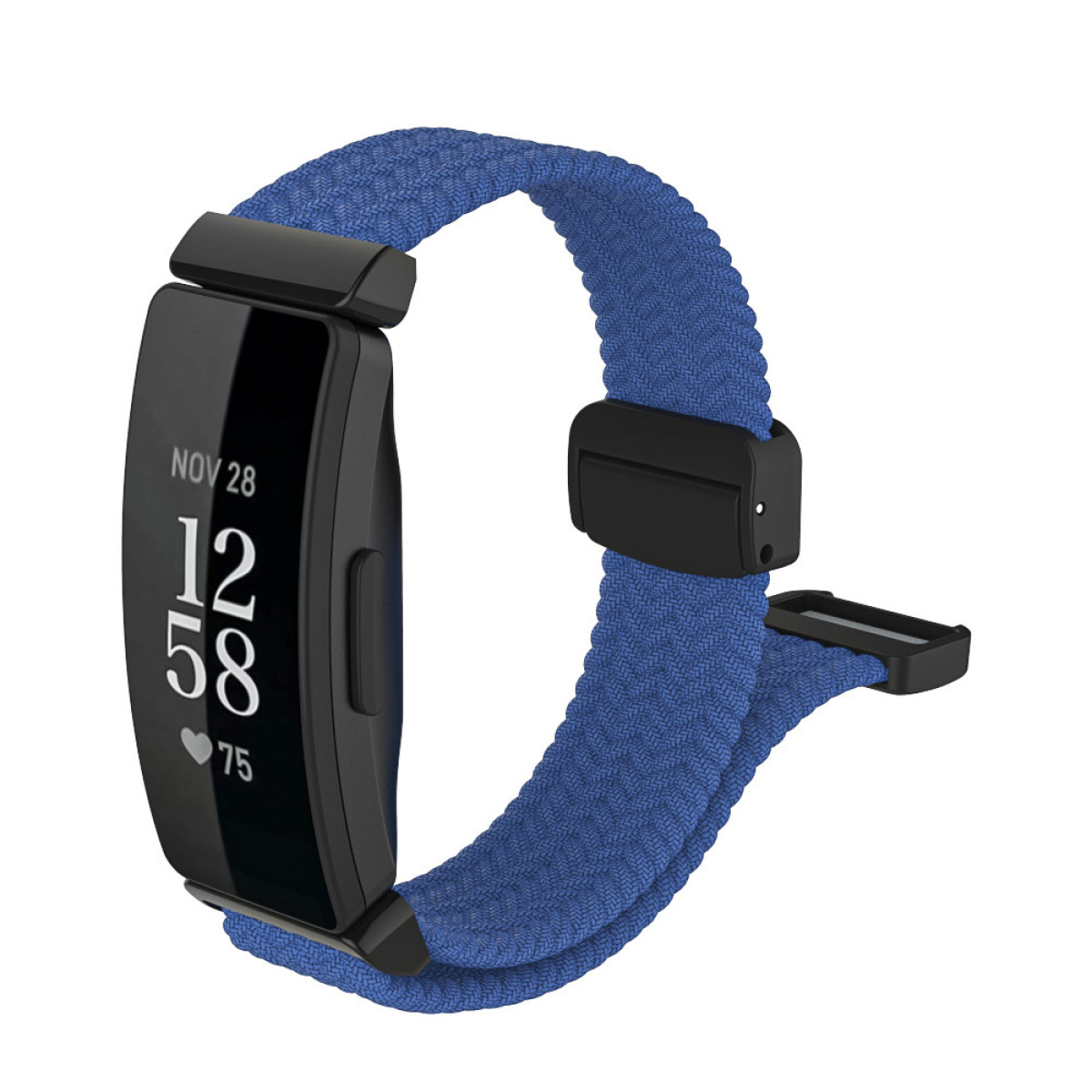 Fitnesstracker mit schwarzem Bildschirm, blauem Band, zeigt Zeit und Herzfrequenz.
