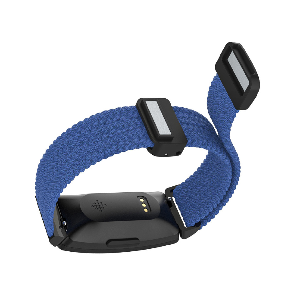 Blaues gewebtes Fitness-Tracker-Band mit einem schwarzen Tracker-Modul und einem schwarzen Verschluss.