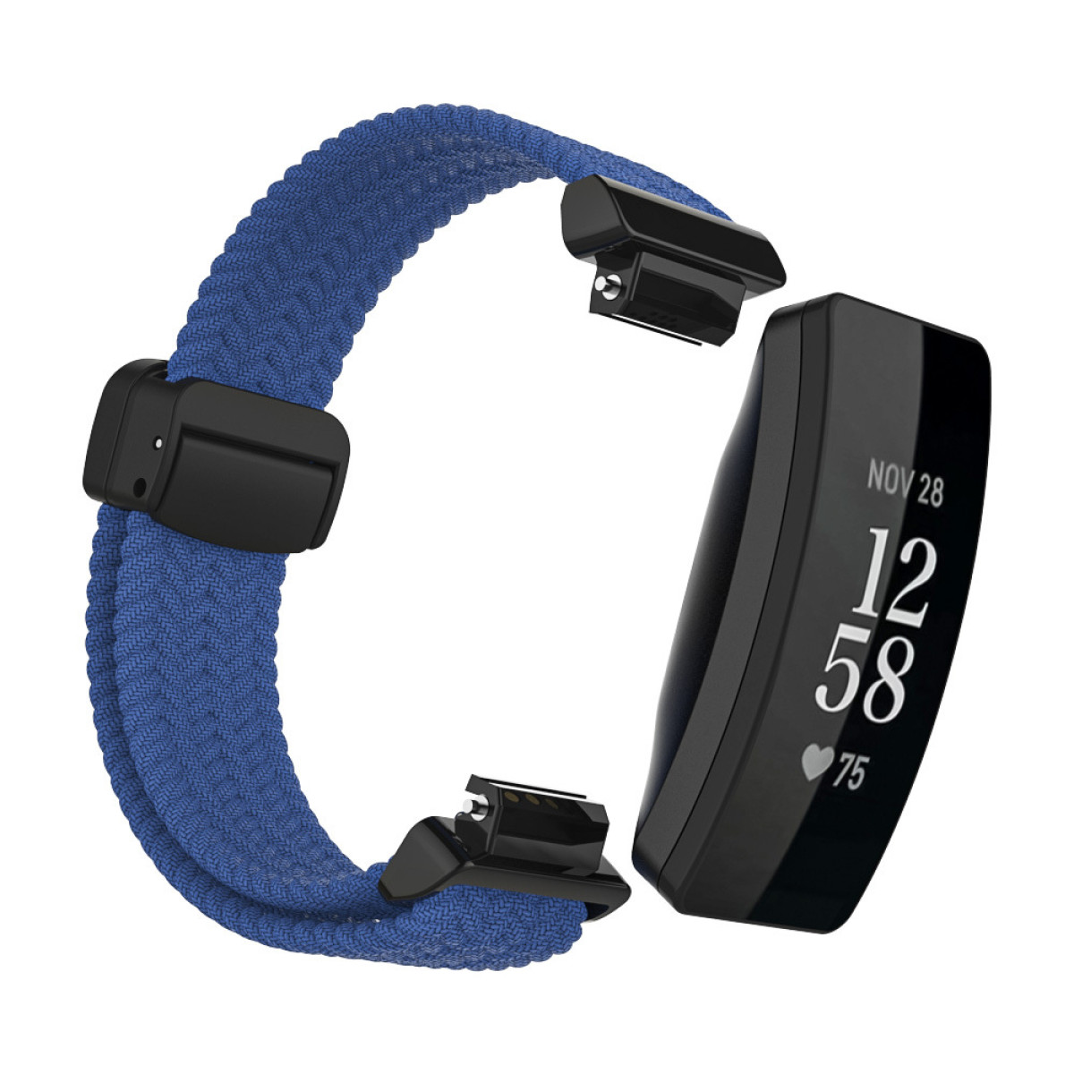 Fitness-Tracker mit blauem gewebtem Band, getrennt vom schwarzen Display.