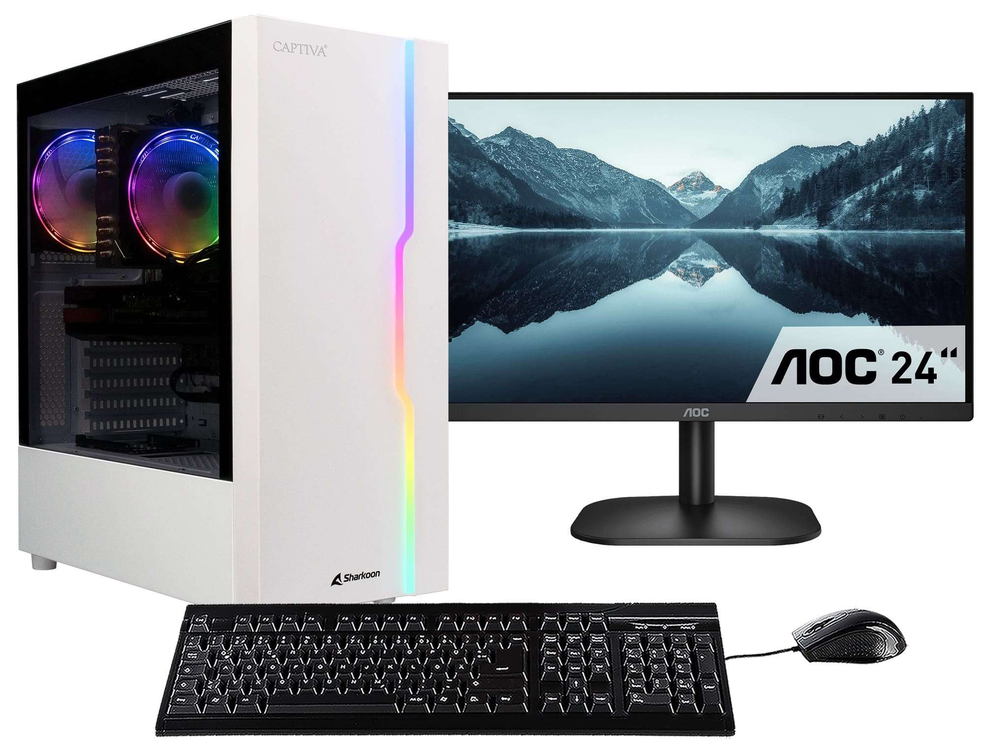 Computeropstelling: witte toren, monitor, toetsenbord, muis, witte achtergrond.
