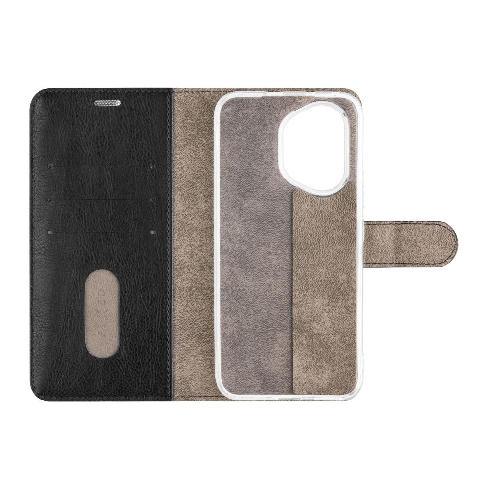 Offene schwarze Brieftaschen-Handyhülle. Innen ein Telefonrahmen und ein Kartenfach. Braun und Schwarz.