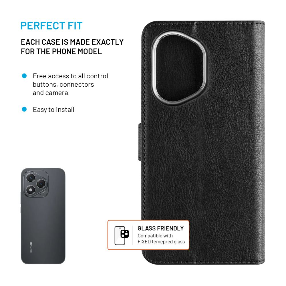 Eine schwarze Handyhülle mit Rück- und Frontcover. Text: 'Perfect Fit'.