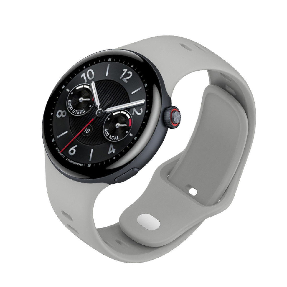 Uno smartwatch grigio con quadrante rotondo, che mostra tempo e statistiche, con cinturino grigio.