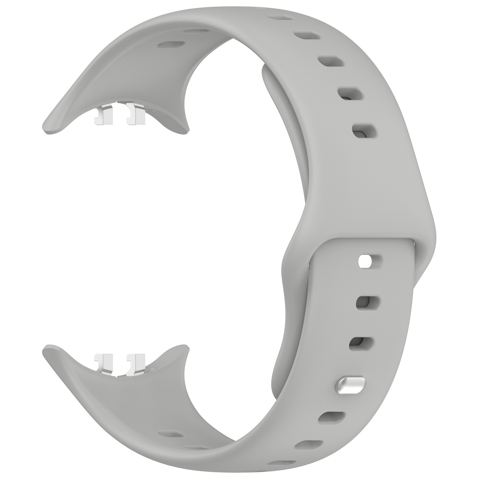 Cinturino grigio chiaro con fori, per smartwatch, sfondo bianco.