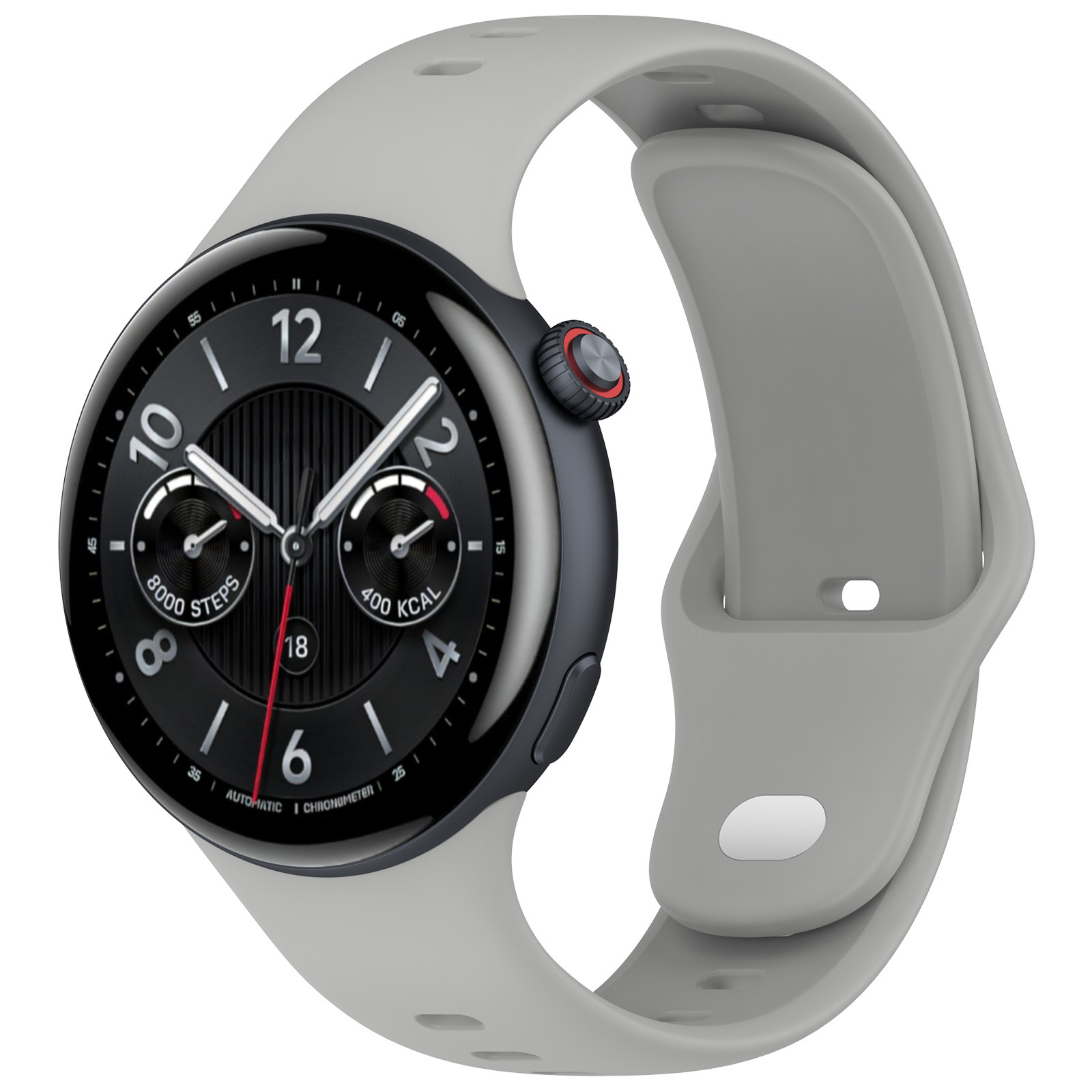 Smartwatch con cinturino grigio, quadrante nero, mostra ora e passi.