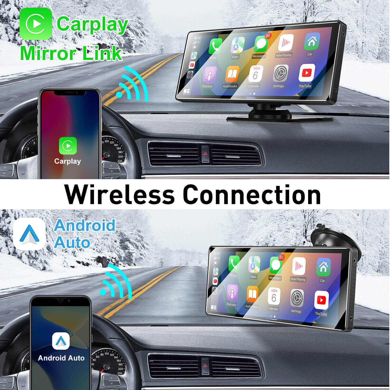 Auto-Infotainment-System mit Telefon. Zeigt CarPlay und Android Auto. Verschneite Straße im Hintergrund.