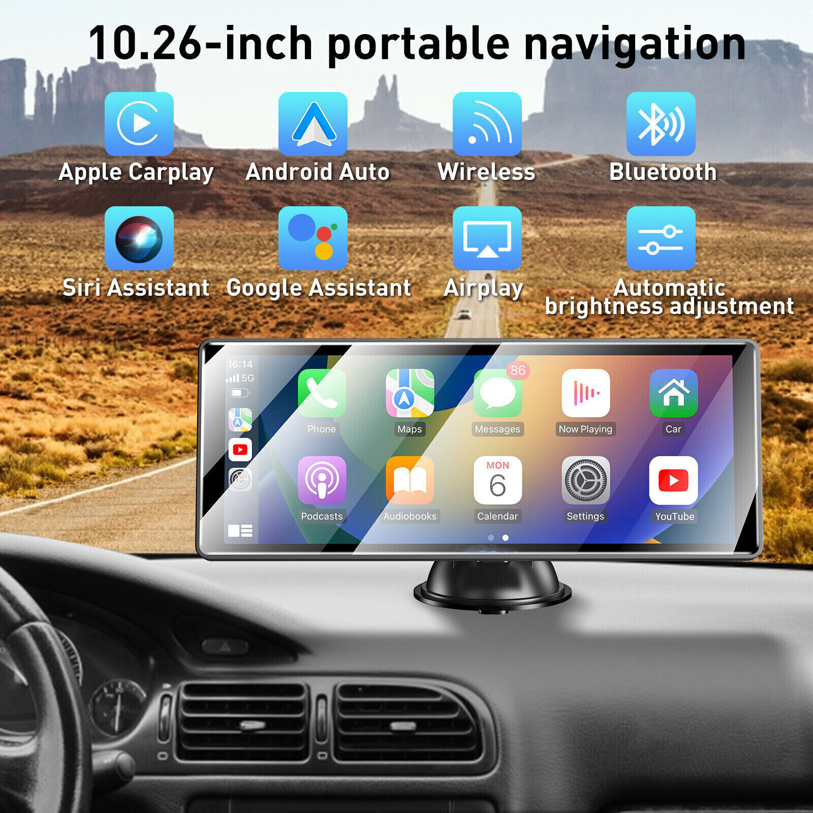 Auto-Display mit App-Symbolen, montiert auf dem Armaturenbrett. Symbole für Apple CarPlay und Android Auto.