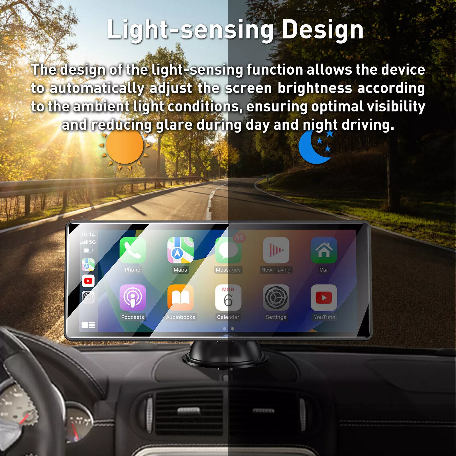 Armaturenbrett mit Bildschirm, Apps und Straße. Lichtsensor-Design.