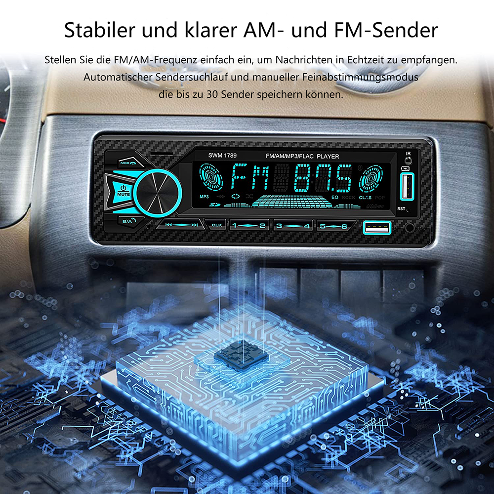 Autoradio mit digitalem Display. Zeigt FM 87.5. Es hat Knöpfe und eine Platine darunter.