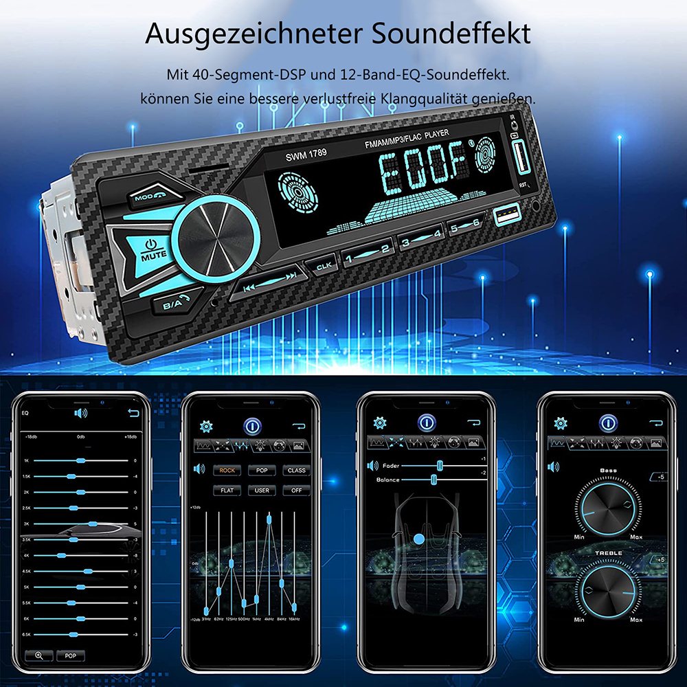 Autoradio mit digitalem Display und mehreren Tasten. Das Display zeigt FM 87.5.