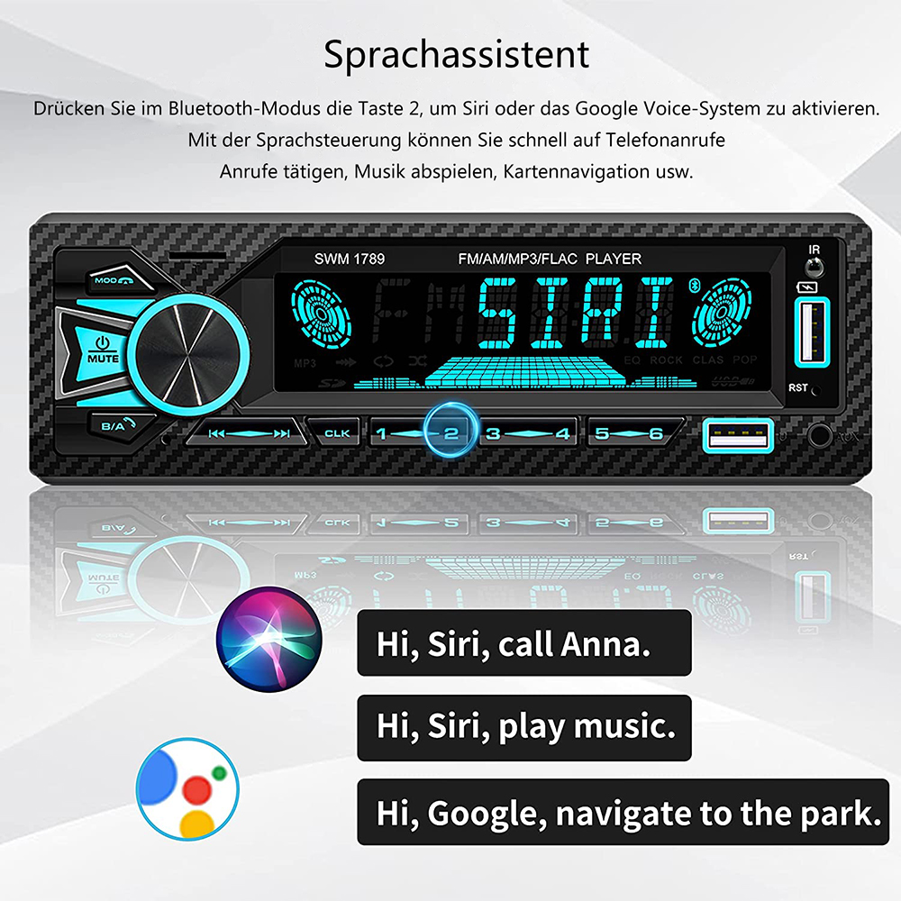 Autoradio-Schnittstelle mit Tasten und Siri-Sprachaufforderungen. Google-Option.