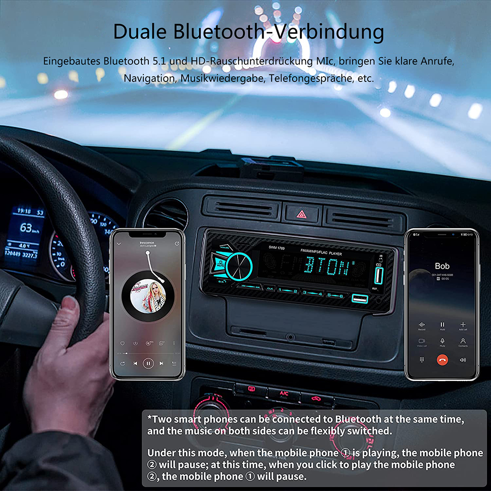 Autoradio mit zwei per Bluetooth verbundenen Telefonen. Telefonbildschirme werden gezeigt.