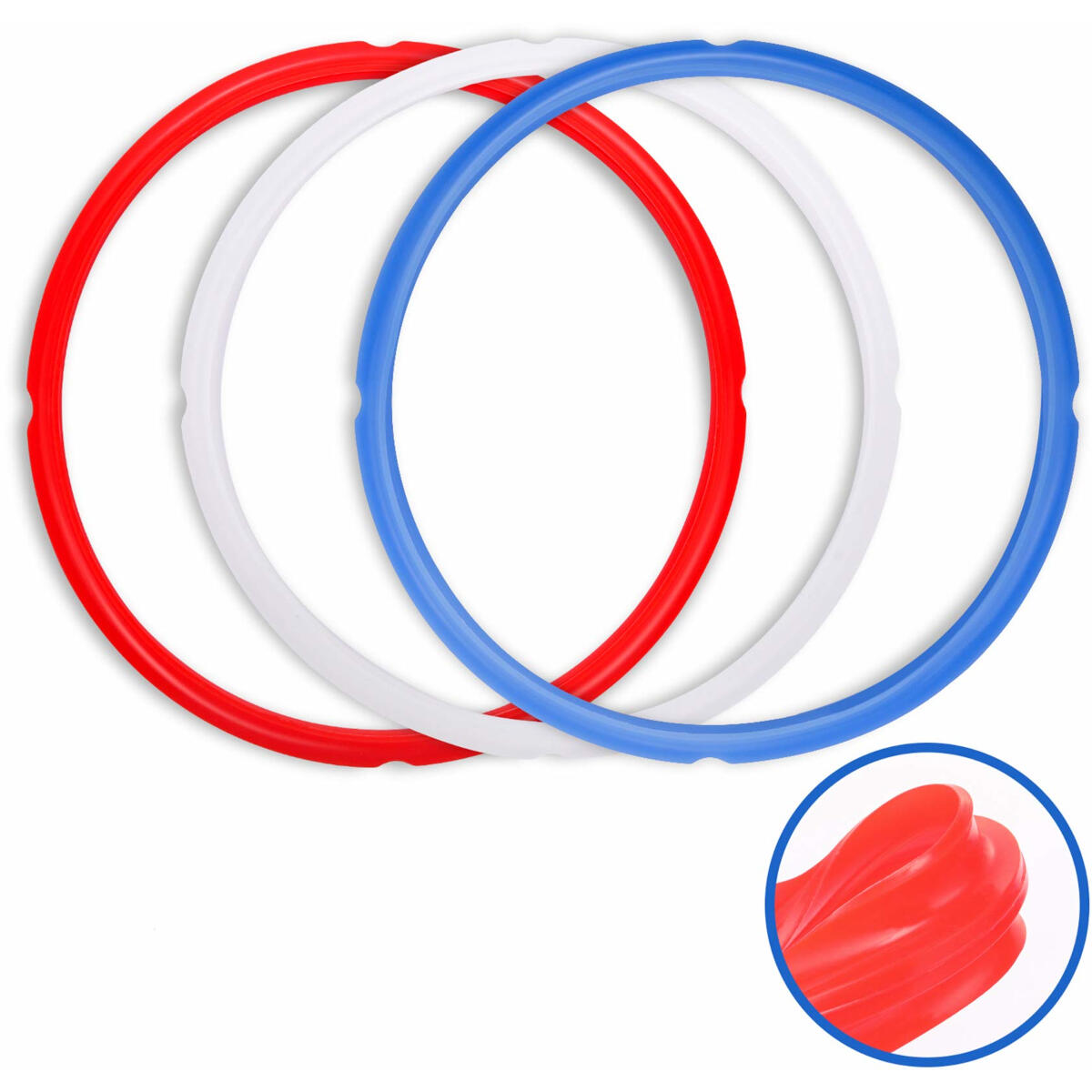 Three colored silicone rings: red, white, and blue. A close-up of a red ring is also shown.