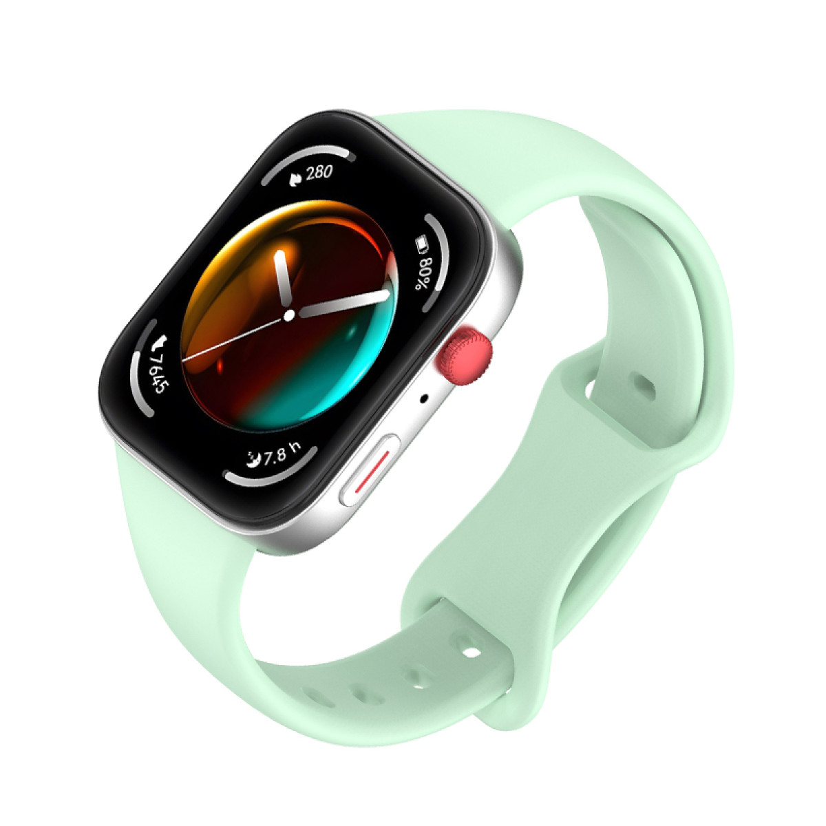 Smartwatch con cinturino verde menta. Lo schermo mostra l'ora e altre informazioni. Sfondo bianco.