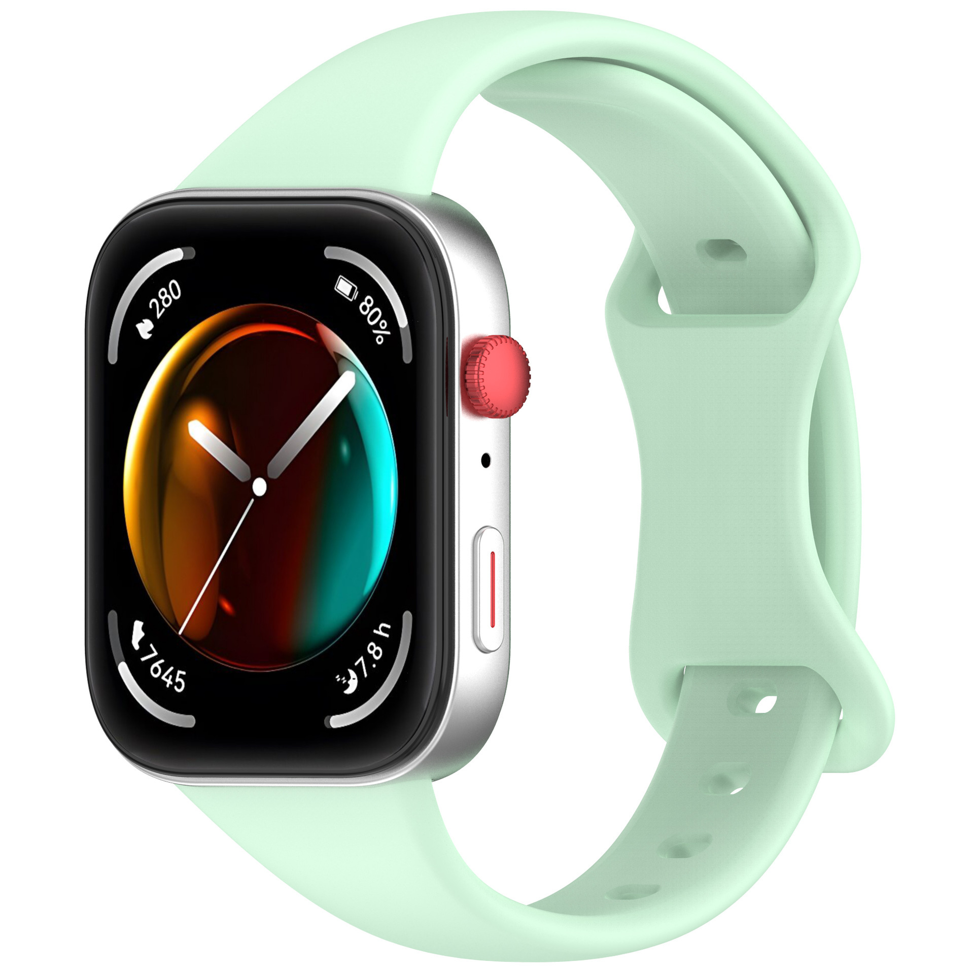 Smartwatch con cinturino verde menta e cassa argentata. Il display mostra informazioni. Sfondo bianco.
