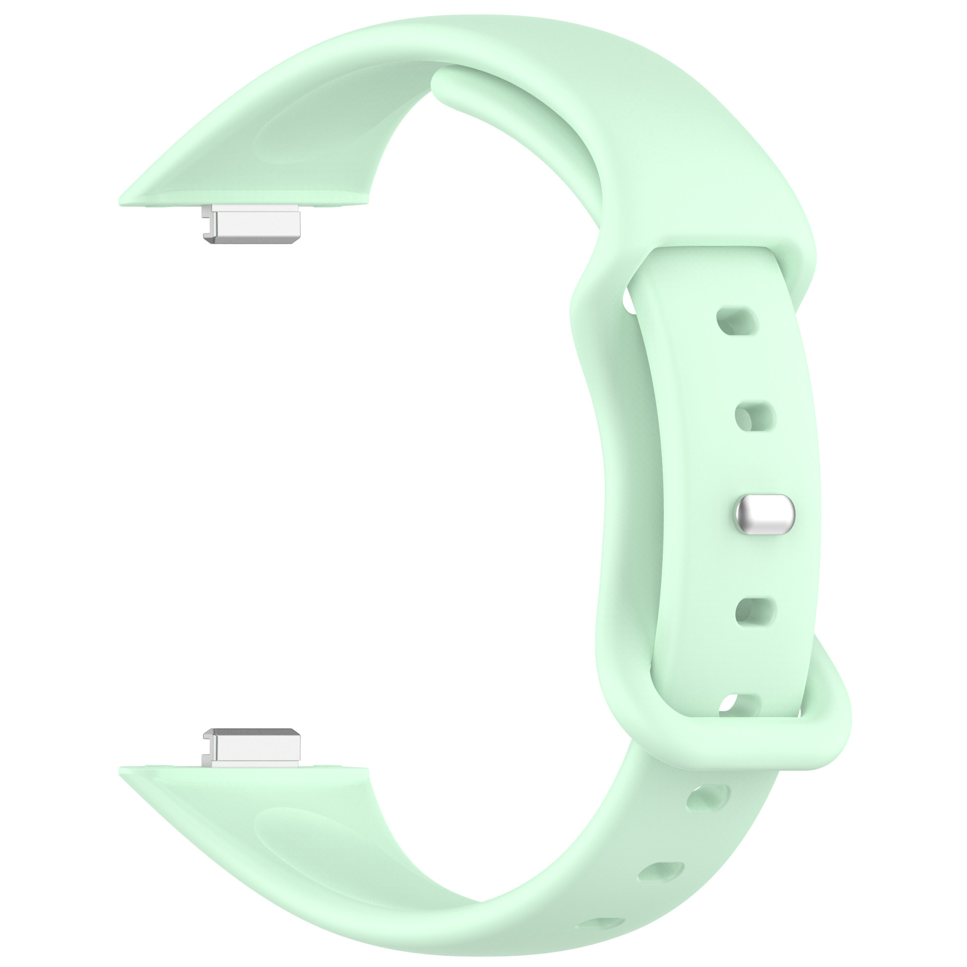 Cinturino verde menta. Ha connettori per il fissaggio a un orologio. Sfondo bianco.