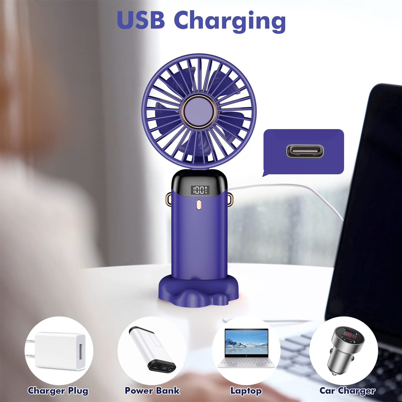Lila Mini-Ventilator mit Ladeanschluss und Display. Zubehör: Ladegerät, Powerbank, Laptop und Autoladegerät.