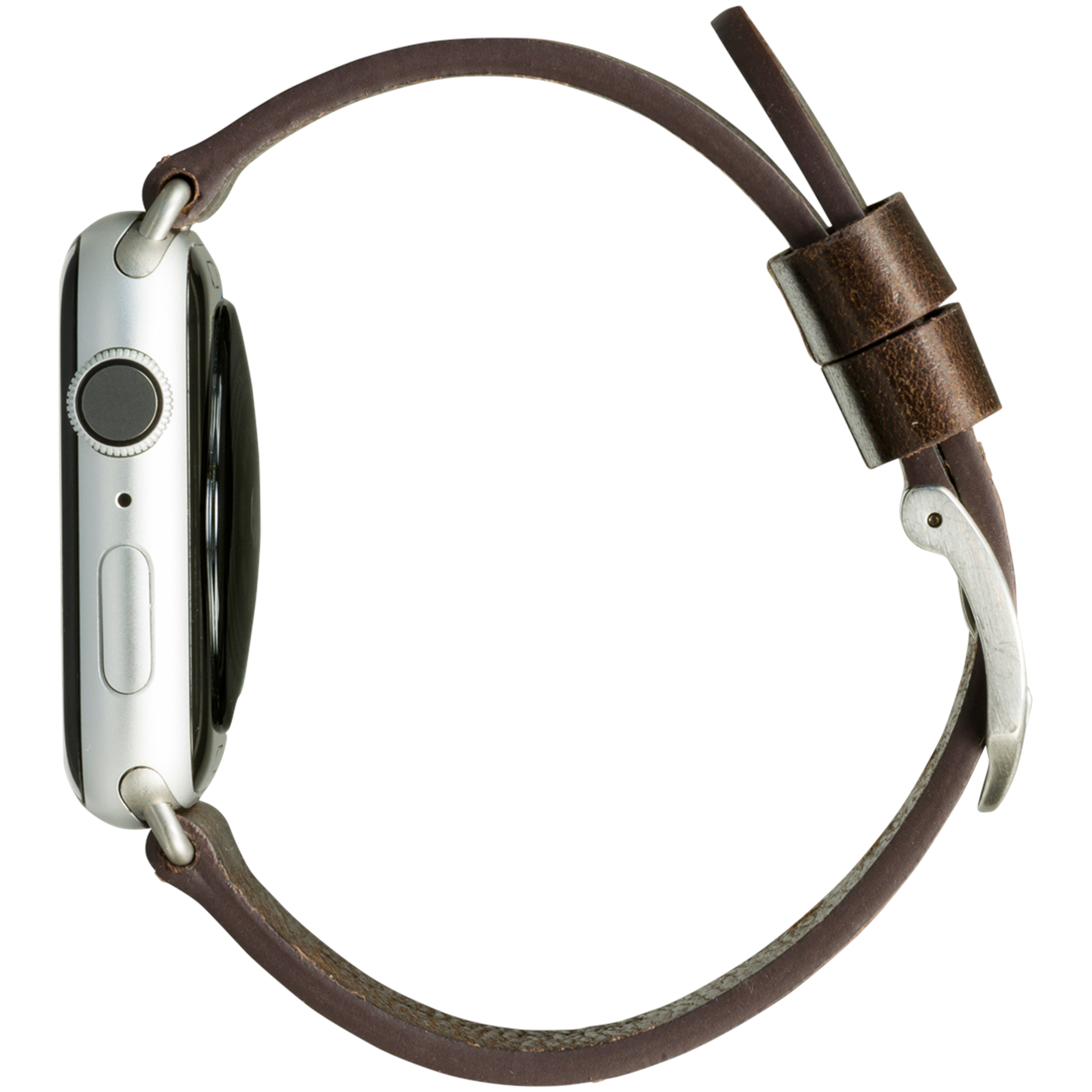 Vista laterale di un Apple Watch con cinturino in pelle marrone. L'orologio è argento. Isolato su sfondo bianco.