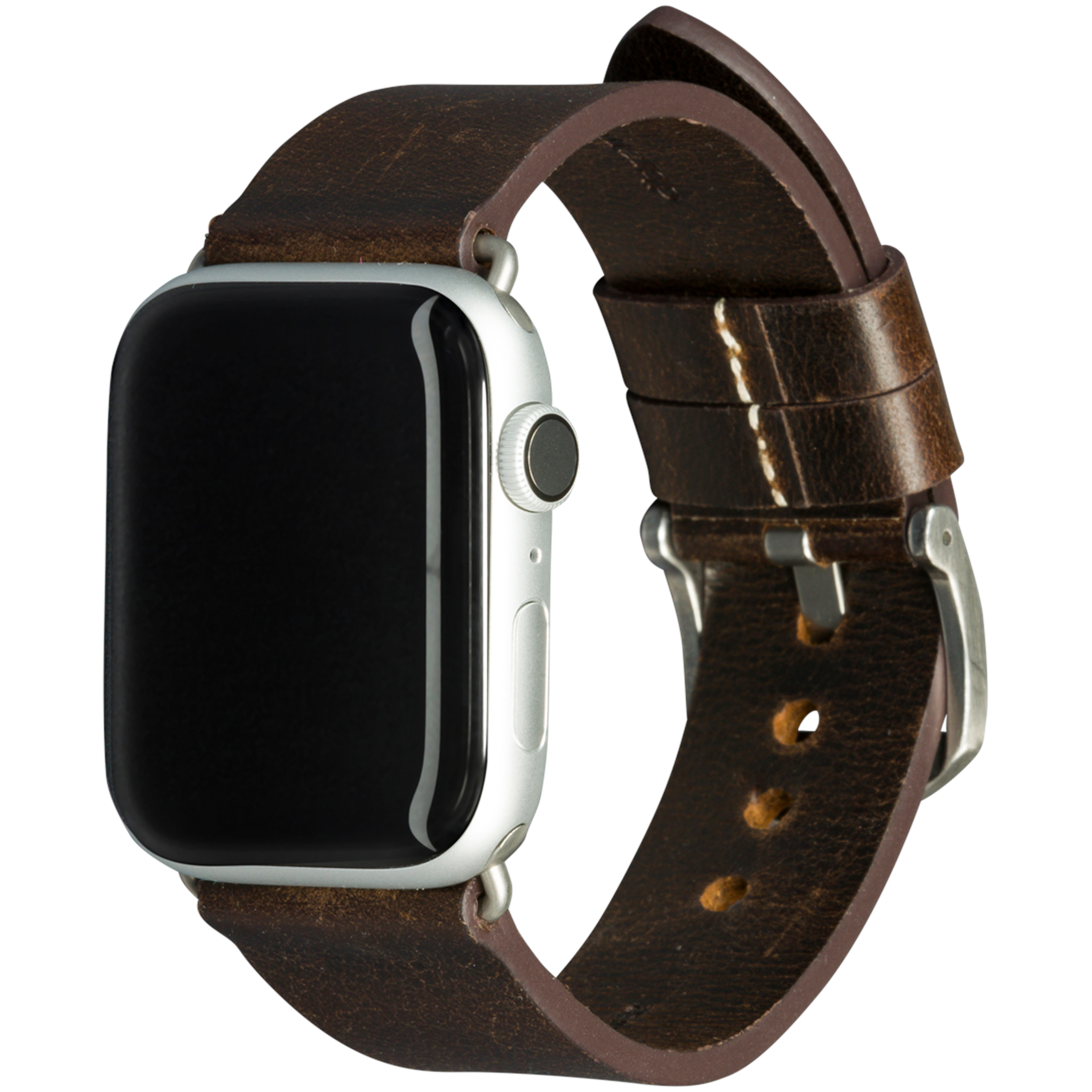 Apple Watch con cinturino in pelle marrone. Quadrante argentato e fibbia in acciaio inossidabile. Isolato su bianco.