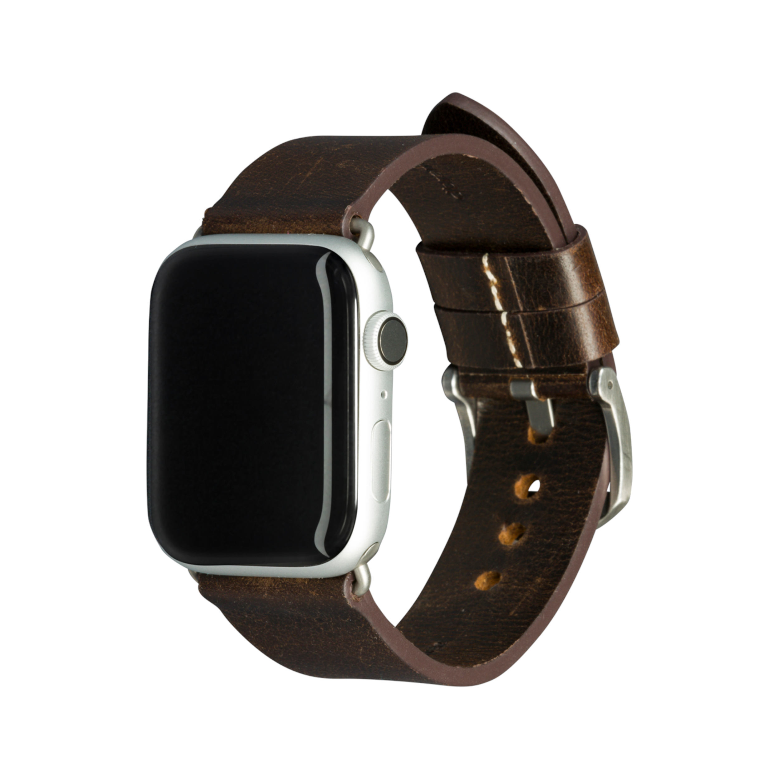 Apple Watch argento con cinturino in pelle marrone scuro. Isolato su sfondo bianco.