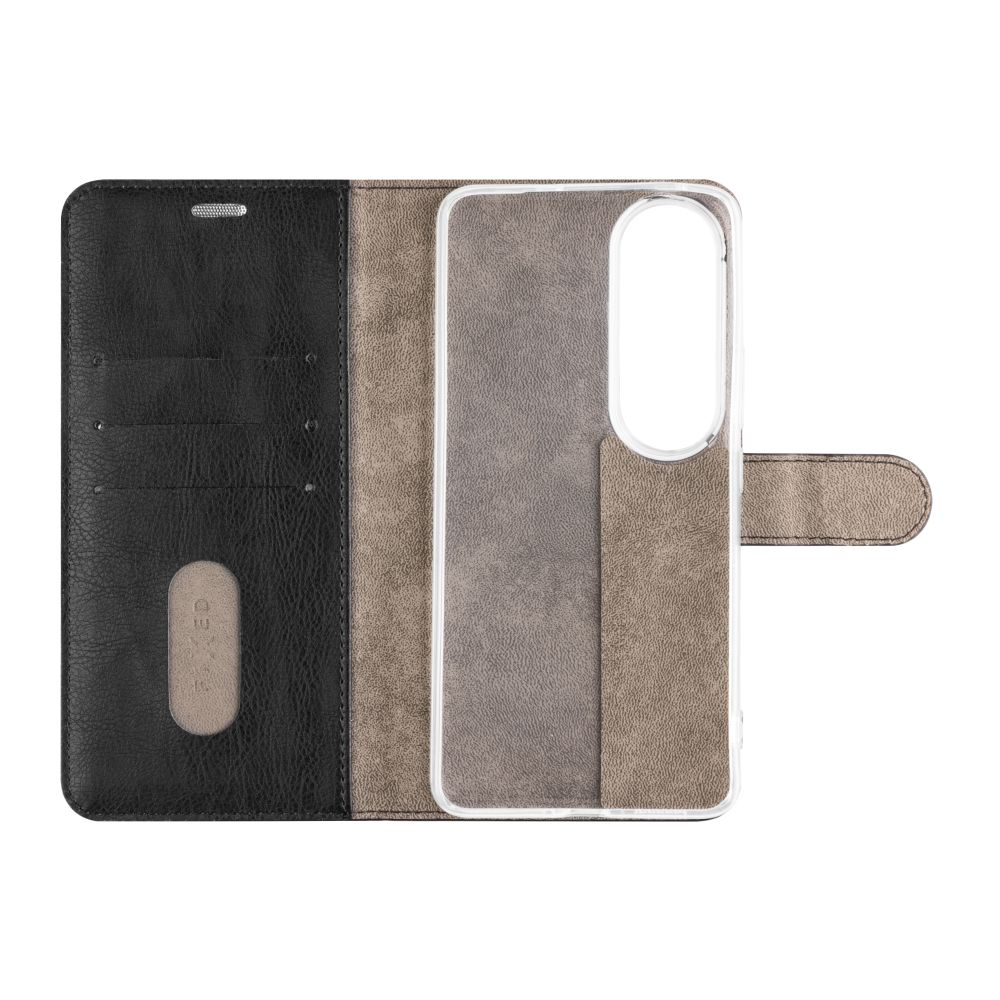Geöffnete Handyhülle in Schwarz und Braun. Innen: Kartenfächer und Telefonhalter.