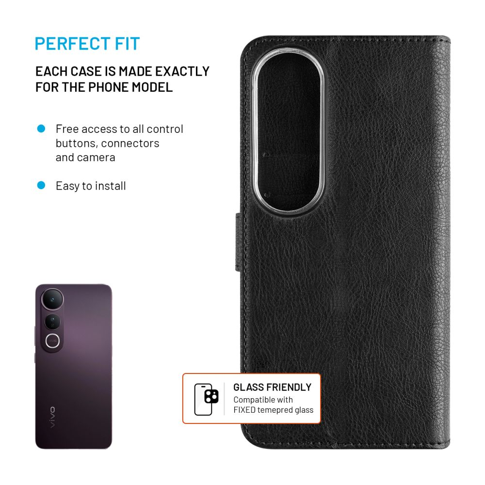 Schwarze Handyhülle mit Telefon darin. Weißer Text links. Rechte Seite mit Telefondetails.