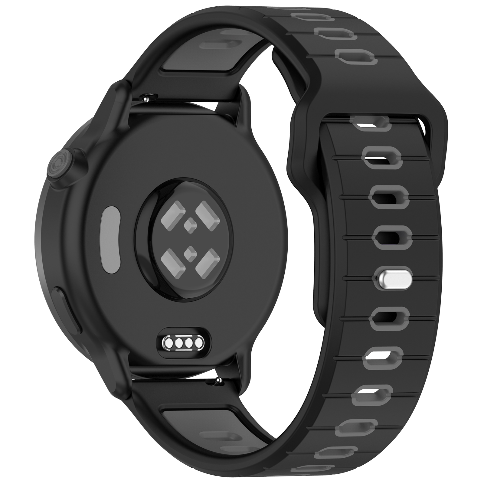 Schwarze Smartwatch auf weißem Hintergrund. Rückseite sichtbar, Sensoren und Armband zeigend.