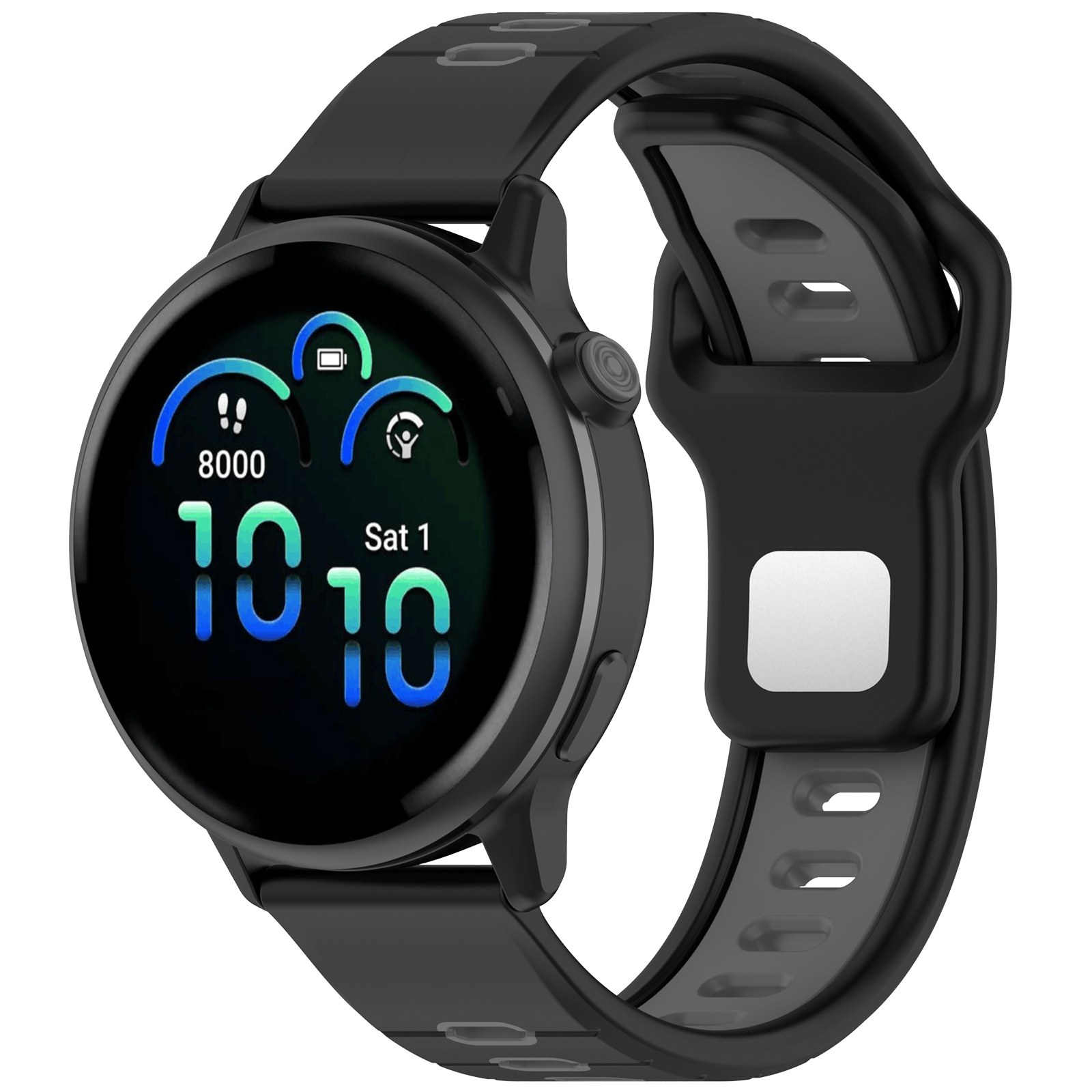 Eine schwarze Smartwatch mit rundem Bildschirm und einem schwarz-grauen Armband. Sie zeigt Datum und Schritte an.