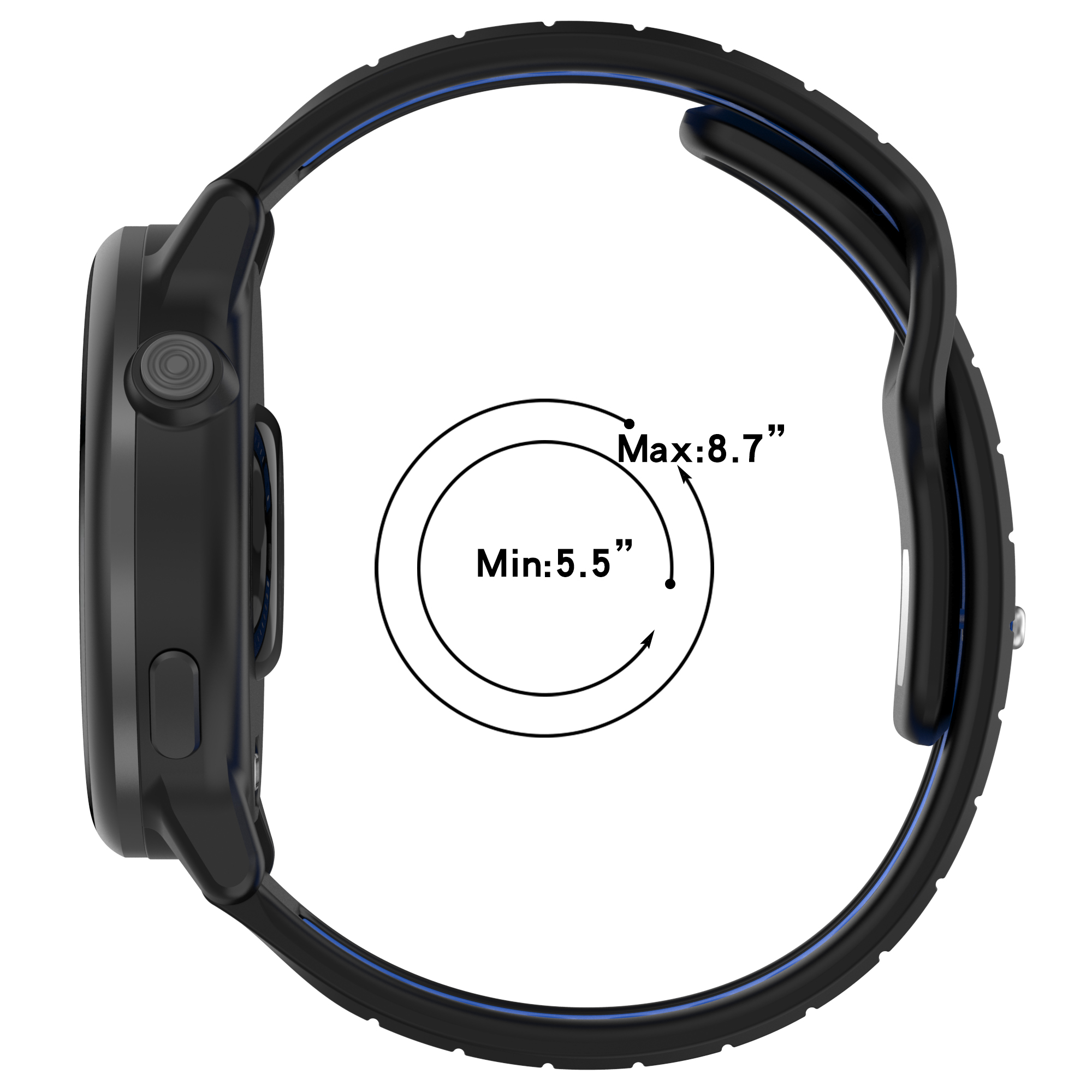 Schwarze Smartwatch auf Weiß. Zeigt das Zifferblatt und das Armband. Maßangaben.