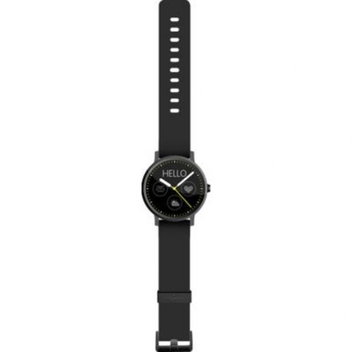Uno smartwatch nero con cinturino nero. L'orologio ha un display rotondo.