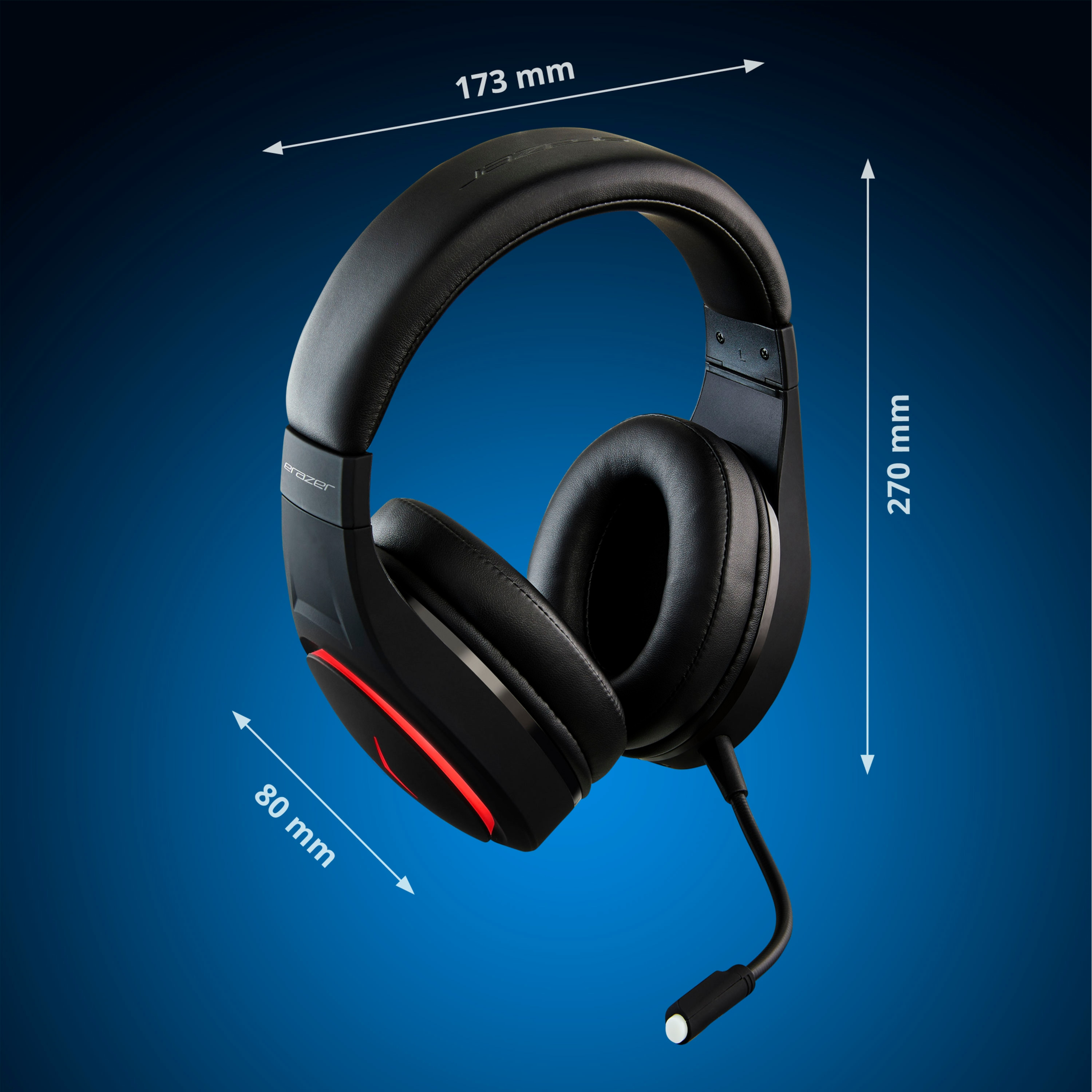 Zwarte gaming headset met rode lichtaccenten toont afmetingen op een blauwe achtergrond.