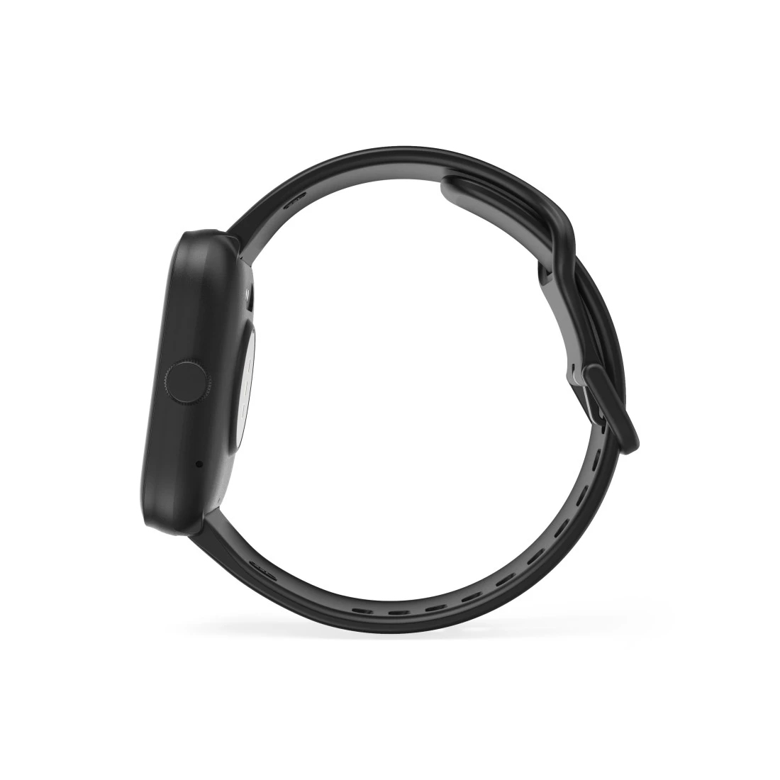 Smartwatch nero con cinturino nero. Su sfondo bianco. Vista laterale.