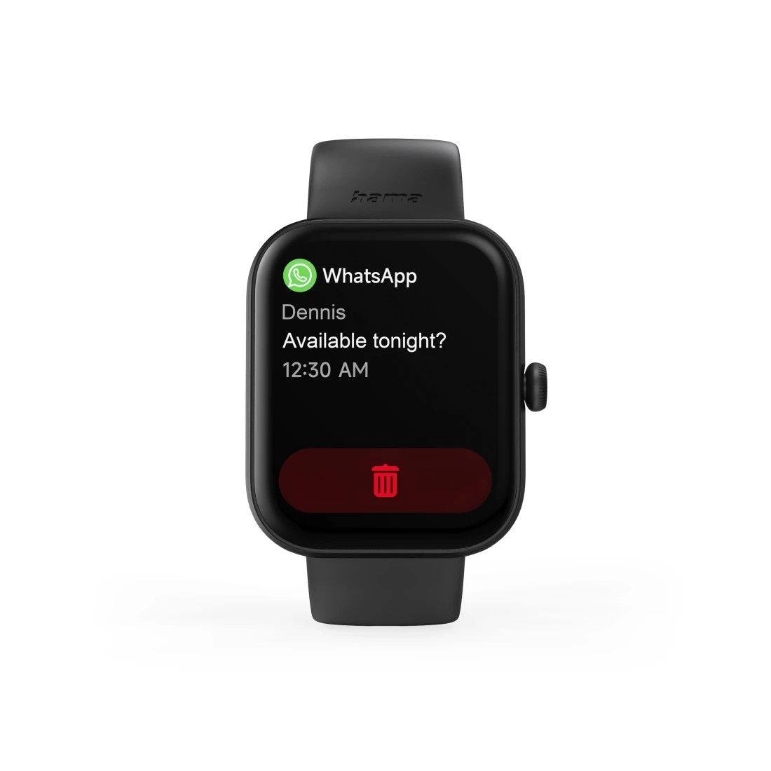 Smartwatch nero che mostra un messaggio WhatsApp e un'icona cestino.