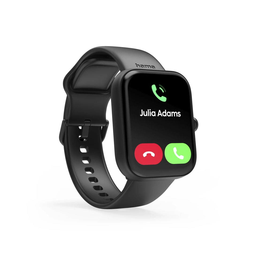 Smartwatch nero che mostra una chiamata. Lo schermo mostra una chiamata da Julia Adams.