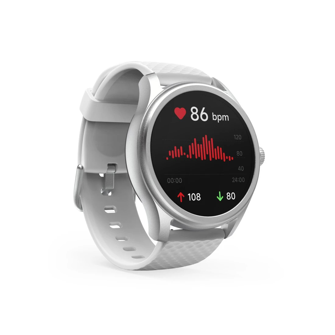 Smartwatch met witte band, zilveren rand, die de hartslag weergeeft.