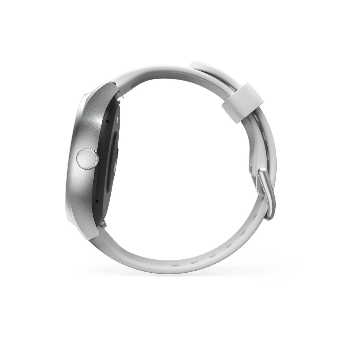 Zijaanzicht van een smartwatch met een zilveren behuizing en witte band.