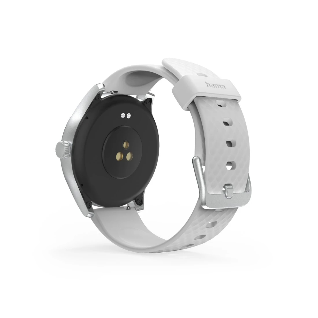 Achteraanzicht van een zilveren smartwatch met witte band en sensoren.