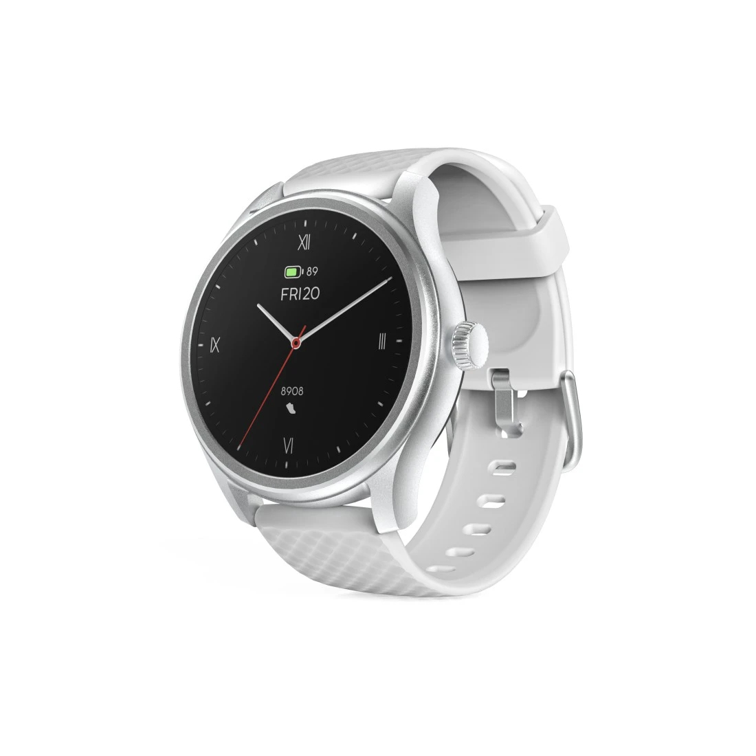 Zilveren smartwatch met witte band. Toont tijd en datum op zwart scherm.
