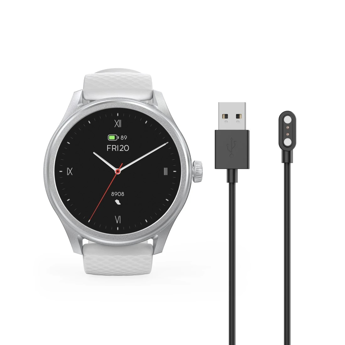 Een zilveren smartwatch met een zwart scherm. Een oplaadkabel en een oplaadstation liggen ernaast. De achtergrond is wit.