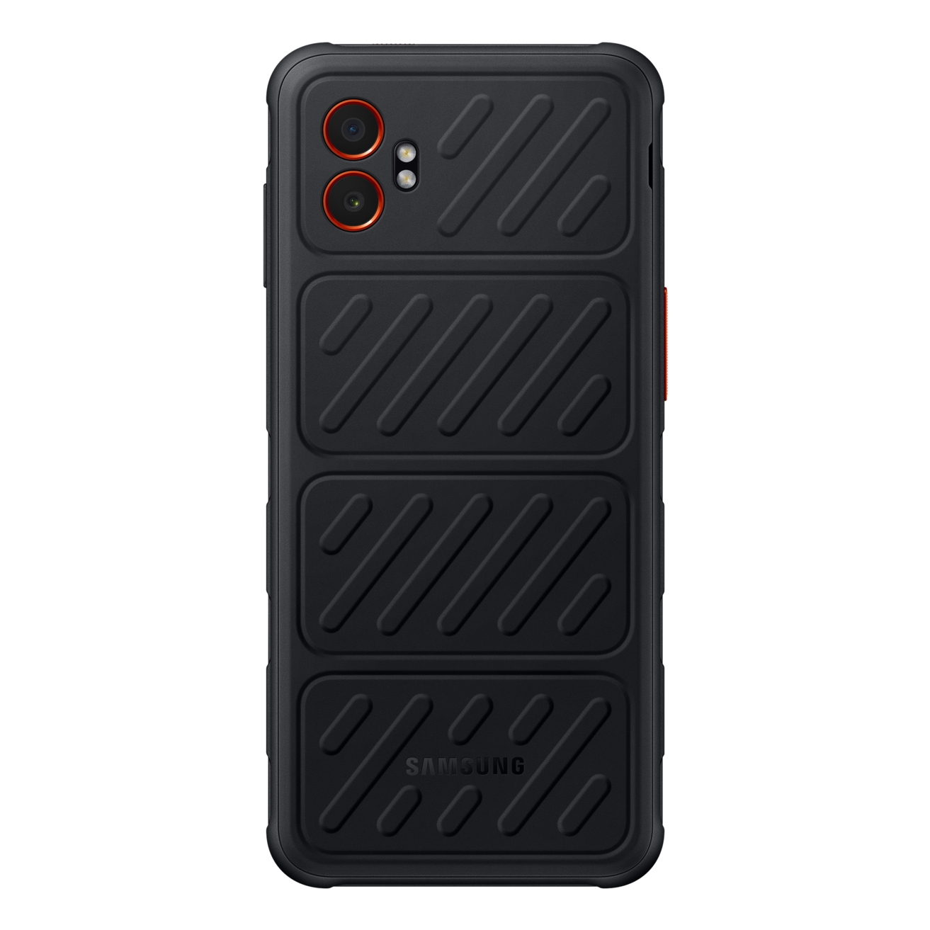 Czarny, wytrzymały tył telefonu. Czarny z czterema prostokątnymi panelami i podwójnymi aparatami.